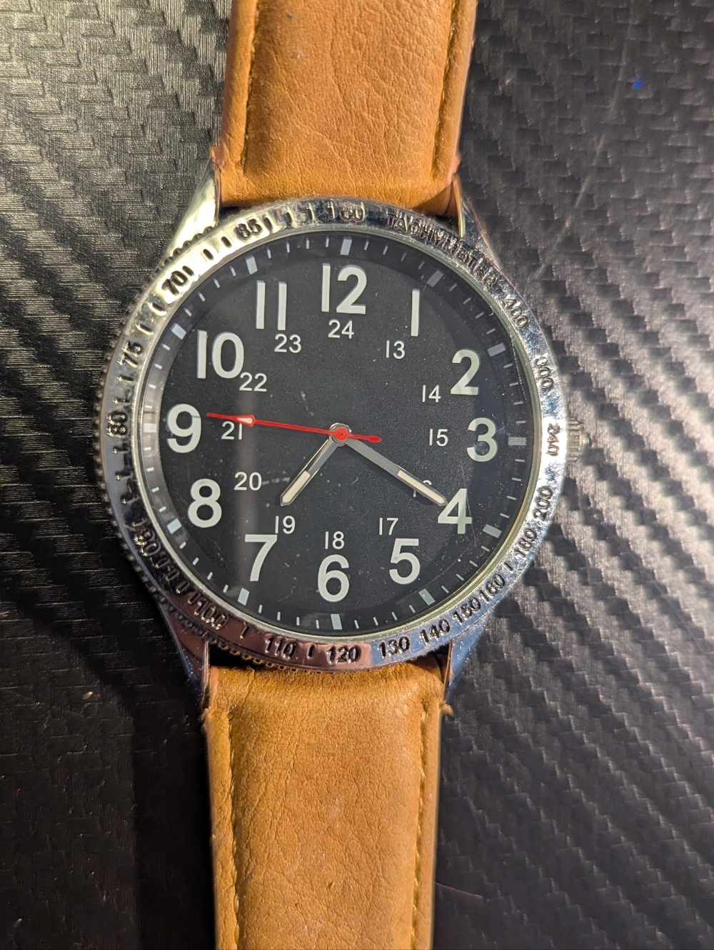 Men's Tan Leather Strap Field Watch - Black Dial